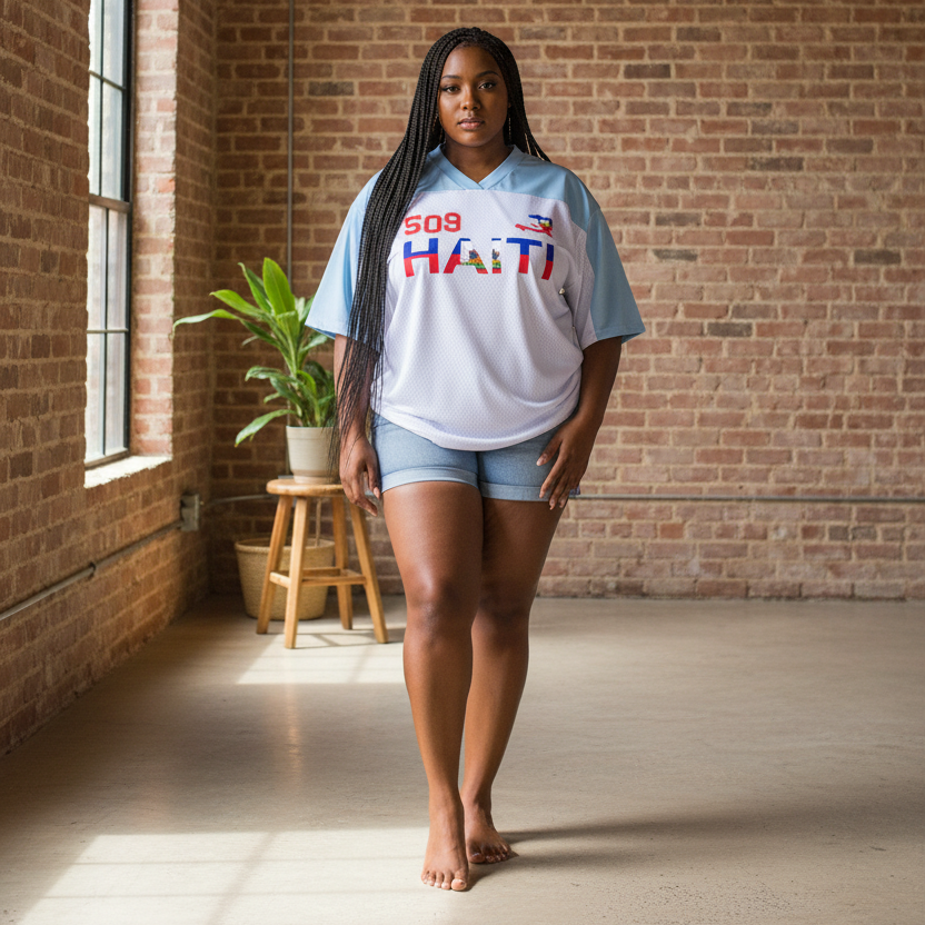 Oversized Unisex V-Neck Soccer Jersey Featuring a Haiti Flag-Inspired Mesh Design