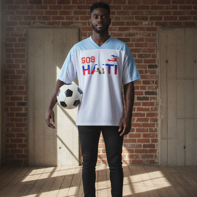 Oversized Unisex V-Neck Soccer Jersey Featuring a Haiti Flag-Inspired Mesh Design