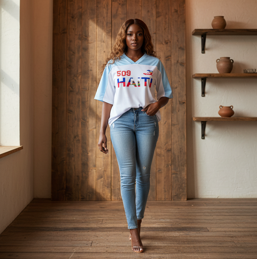 Oversized Unisex V-Neck Soccer Jersey Featuring a Haiti Flag-Inspired Mesh Design