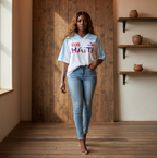 Oversized Unisex V-Neck Soccer Jersey Featuring a Haiti Flag-Inspired Mesh Design