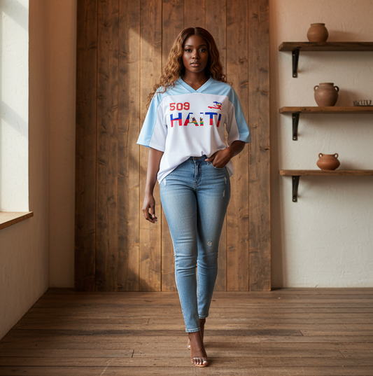 Oversized Unisex V-Neck Soccer Jersey Featuring a Haiti Flag-Inspired Mesh Design