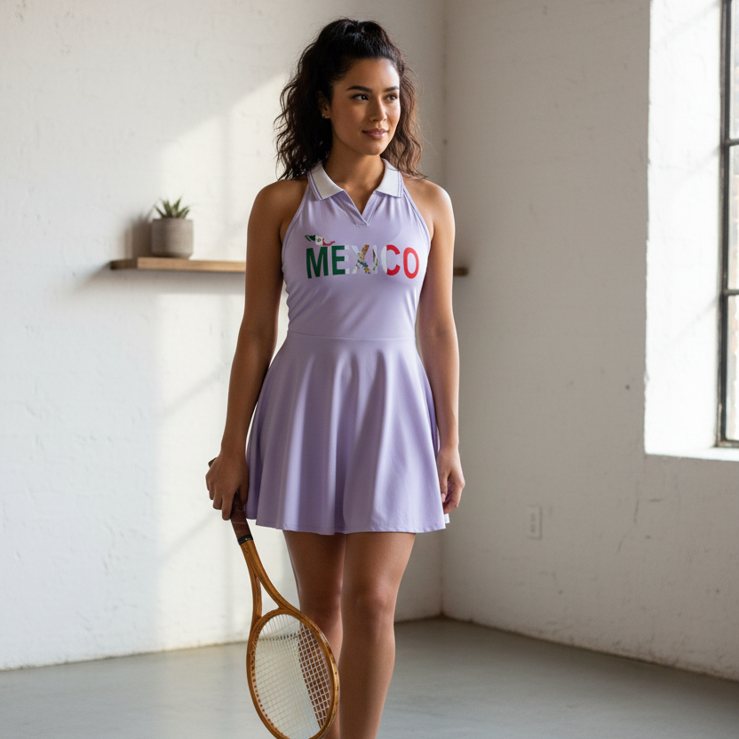 Women's Collared A-Line Halter Tennis Dress Featuring a Mexico-Inspired Flag Design