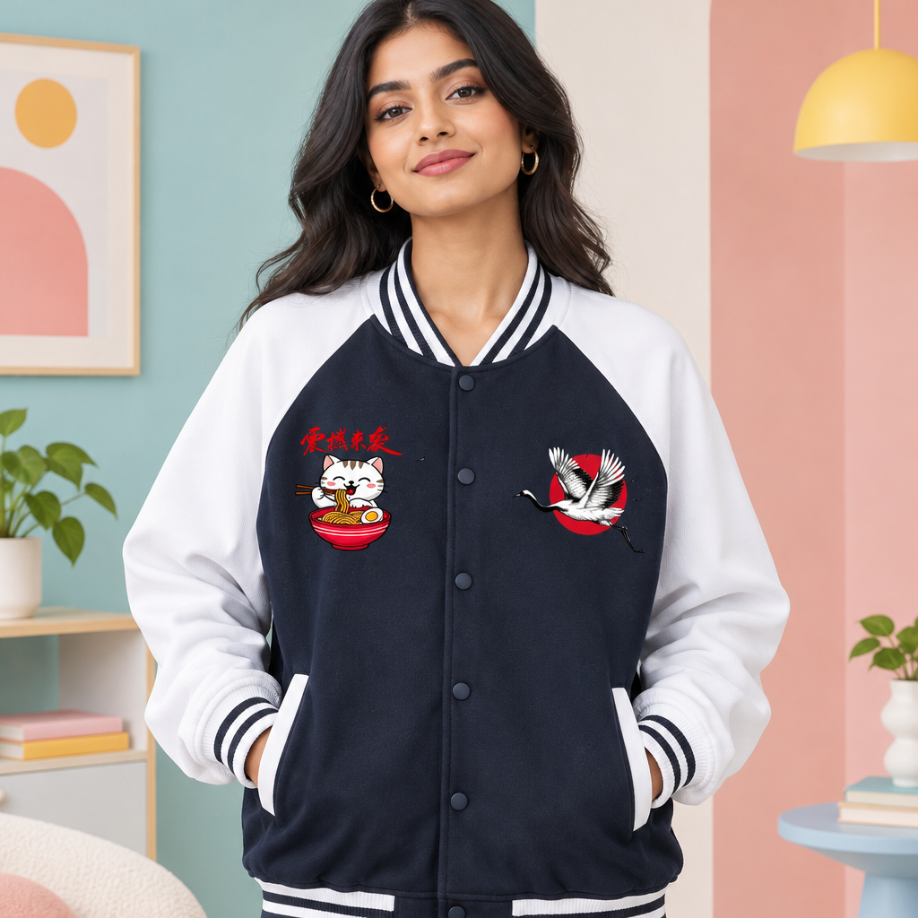 Foodie Themed Graphic Two Tone Raglan Sleeve Varsity  Unisex Jacket