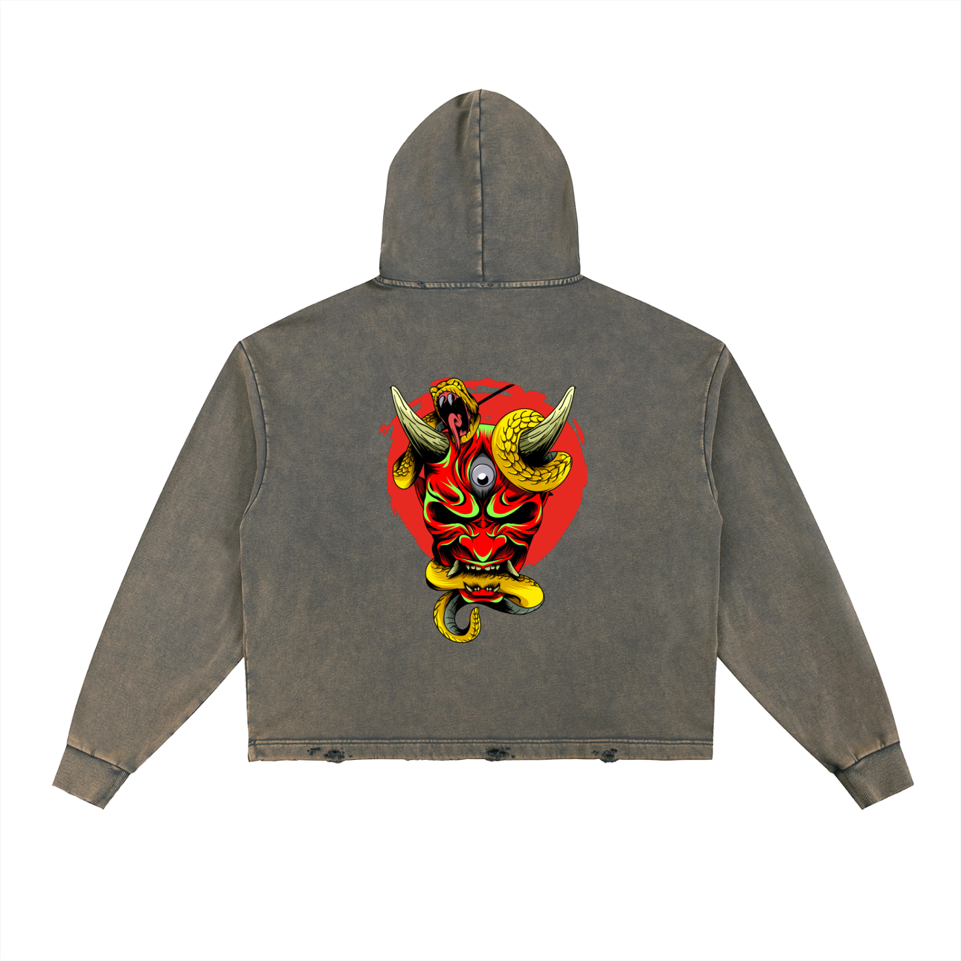Samurai Menpo Graphic Vintage Washed Frayed-Hem Hoodie