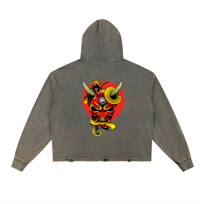 Samurai Menpo Graphic Vintage Washed Frayed-Hem Hoodie