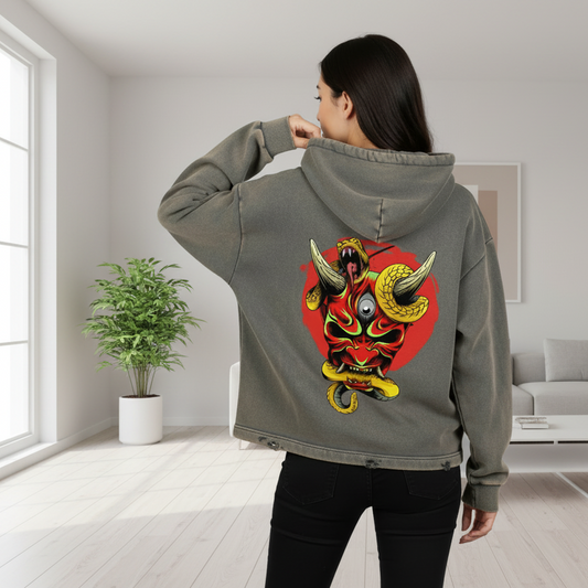 Unisex Samurai Menpo Graphic Vintage Washed Frayed-Hem Hoodie