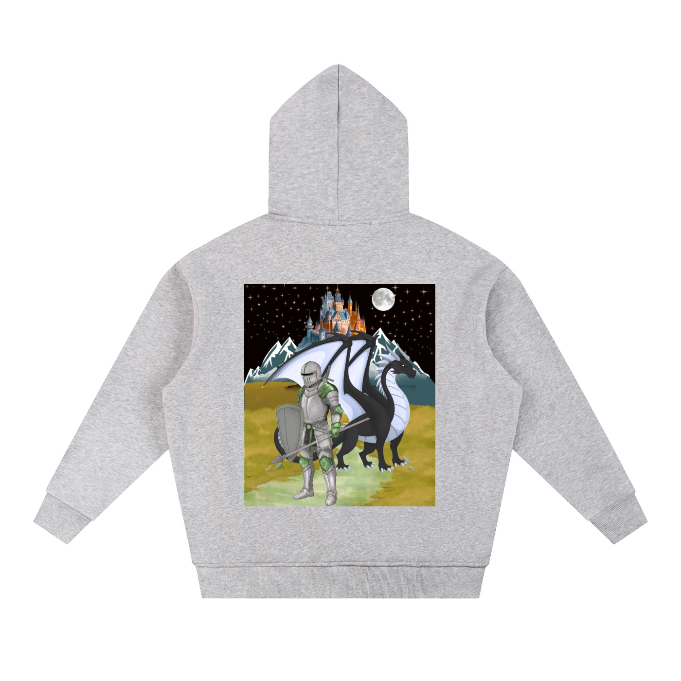 Medieval Knight and Dragon Graphic Hoodie, Sun Fade Contrast Tape Fleece Hoodie