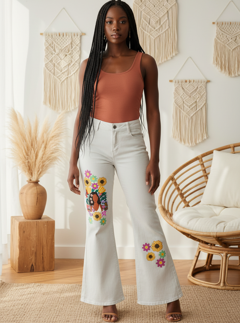Afro Music Themed Graphic Women's Vintage Wash Flared Leg Jeans