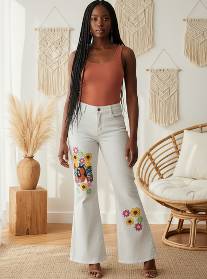 Afro Music Themed Graphic Women's Vintage Wash Flared Leg Jeans