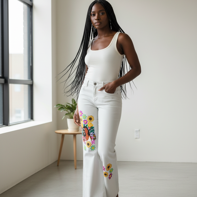 Afro Music Themed Graphic Women's Vintage Wash Flared Leg Jeans