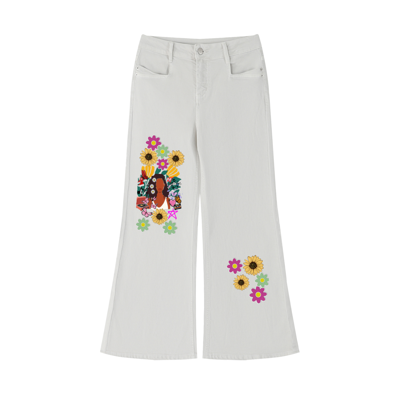 Afro Music Themed Graphic Women's Vintage Wash Flared Leg Jeans