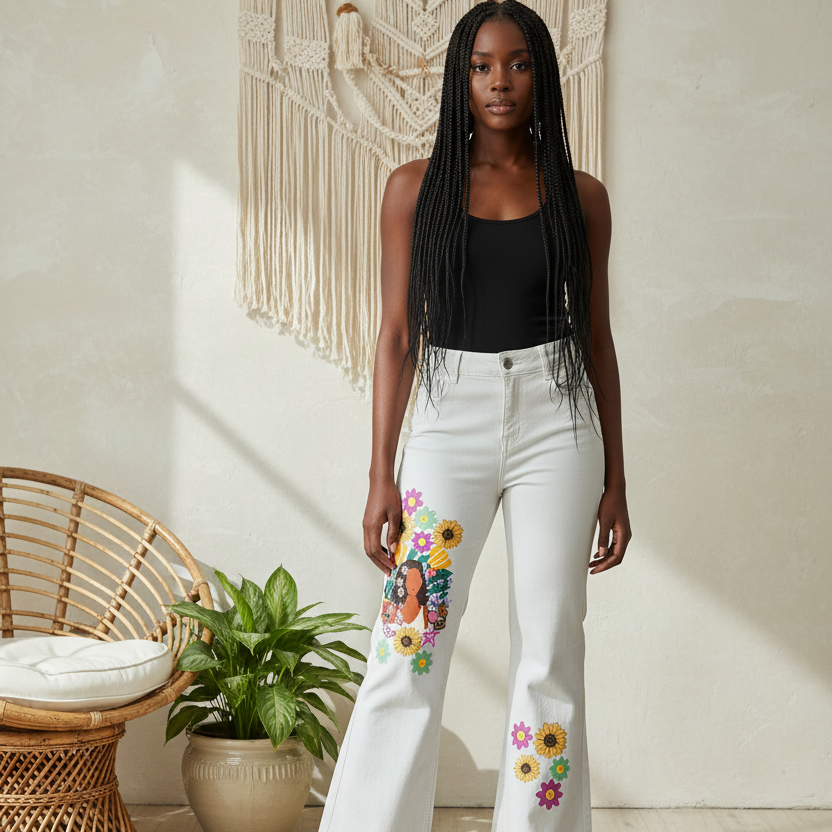 Afro Music Themed Graphic Women's Vintage Wash Flared Leg Jeans
