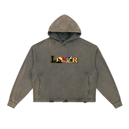 Medieval Dragon Themed Graphic Vintage Washed Frayed-Hem Hoodie