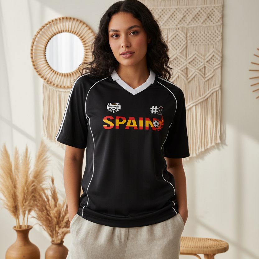 Spain Flag Themed Graphic Stripe Collared Soccer Jersey