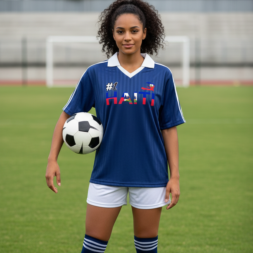 Unisex Haiti Flag Themed Contrast Collar Striped Soccer Jersey