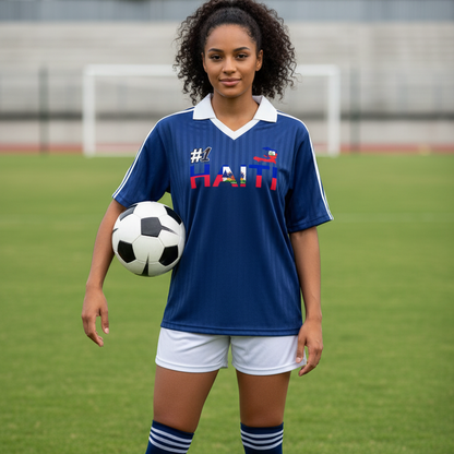 Unisex Haiti Flag Themed Contrast Collar Striped Soccer Jersey