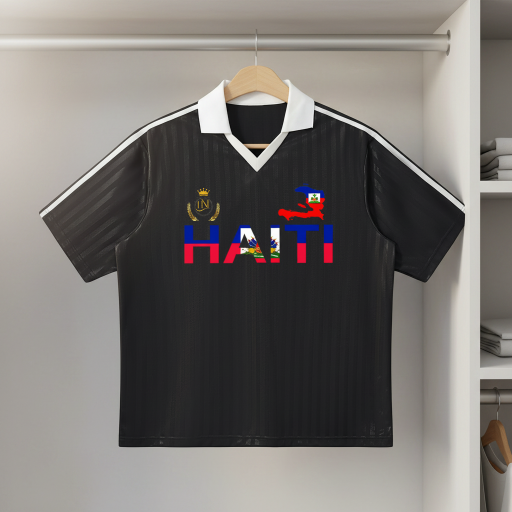 Haiti Flag Themed Contrast Collar Striped Soccer Jersey