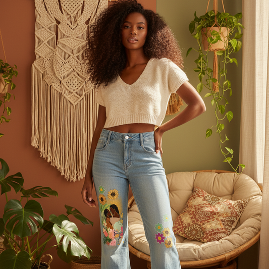 Colorful Afro Love Themed Graphic Women's Vintage Wash Flared Leg Jeans