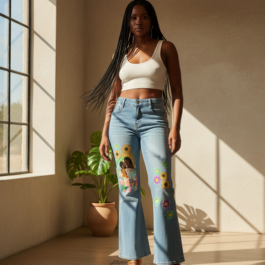 Women's Vintage-Wash Flared Jeans Featuring Colorful Afro-Centric Love-Themed Graphics ODMPOD