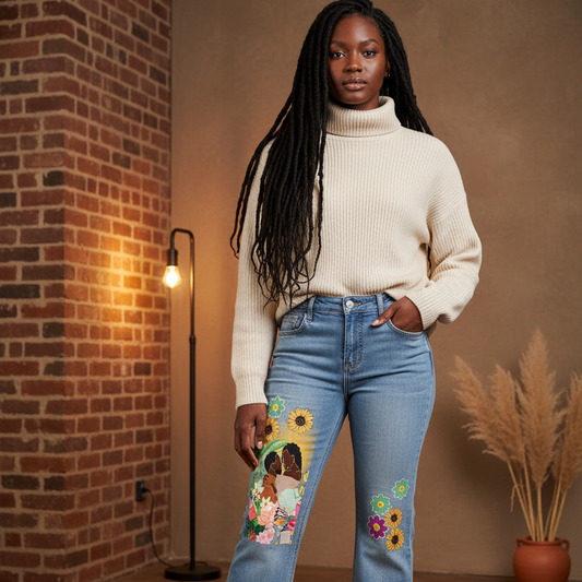 Colorful Afro Love Themed Graphic Women's Vintage Wash Flared Leg Jeans