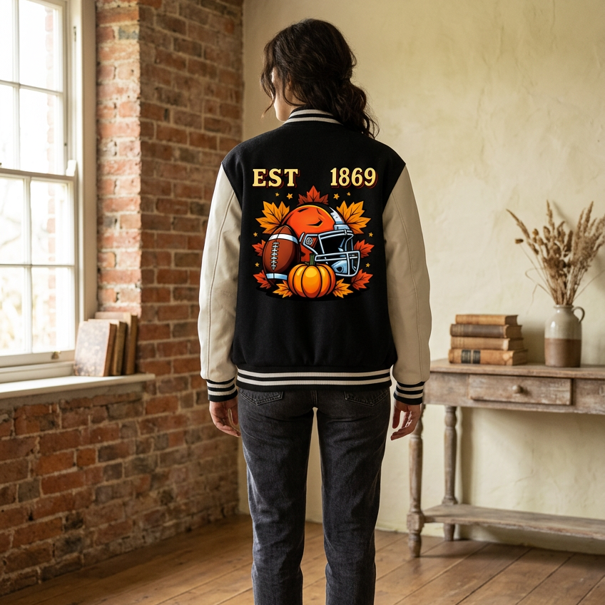 Fall and Football Themed GrahicTwo-Tone Fleeced Varsity Unisex Jacket