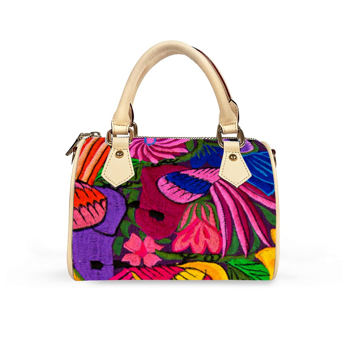 Ornithology and Botanical Embroidery Inspired Classic Barrel-Shaped PU Leather Handbag