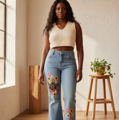 Afro Music Themed Graphic Women's Vintage Wash Flared Leg Jeans