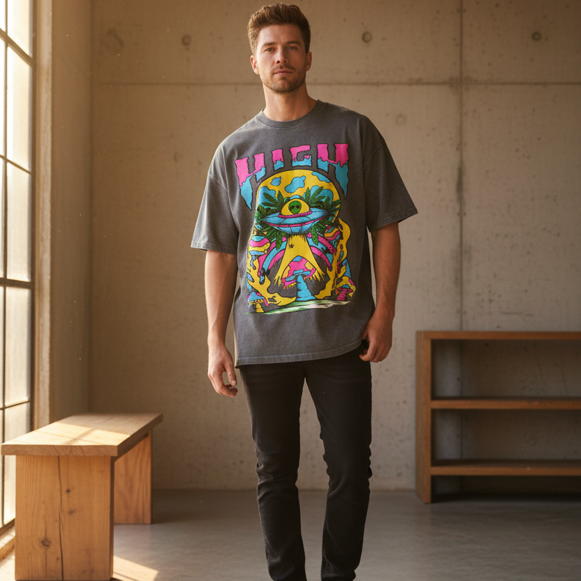 Graphic Alien Art Unisex Snow Washed Oversized Cotton T-Shirt