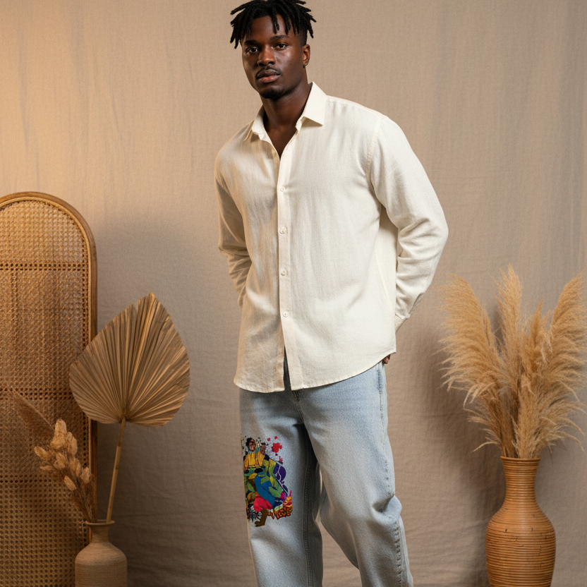B Boy Graffiti Graphic Men's Vintage Wash Sunfade Barrel Leg Jeans