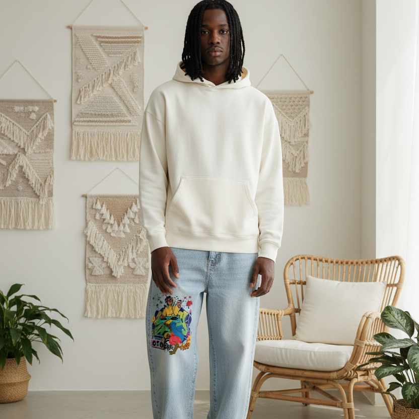 B Boy Graffiti Graphic Men's Vintage Wash Sunfade Barrel Leg Jeans