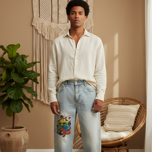 B Boy Graffiti Graphic Men's Vintage Wash Sunfade Barrel Leg Jeans