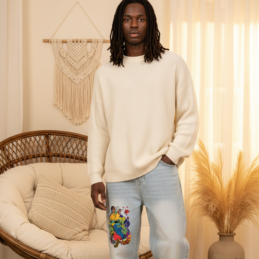 B Boy Graffiti Graphic Men's Vintage Wash Sunfade Barrel Leg Jeans