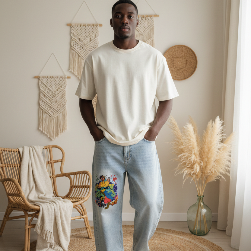 B Boy Graffiti Graphic Men's Vintage Wash Sunfade Barrel Leg Jeans