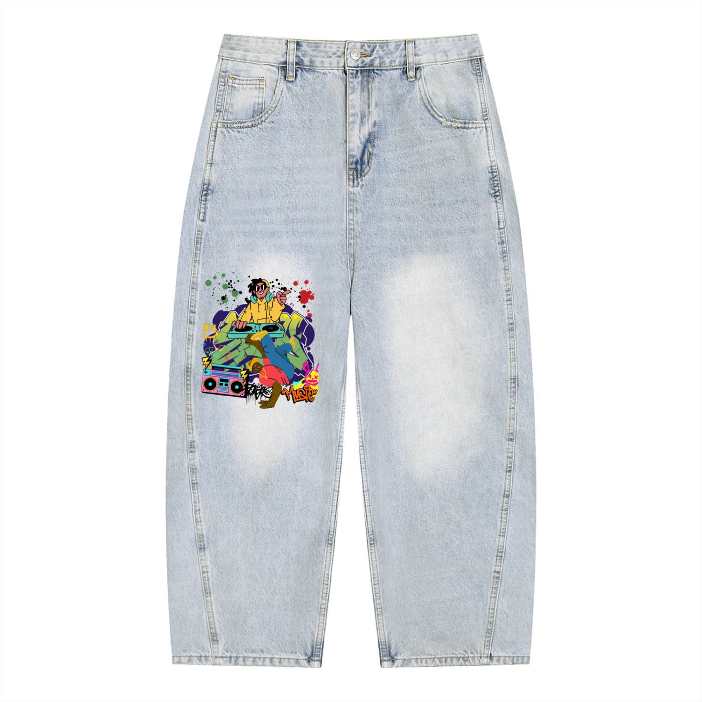 B Boy Graffiti Graphic Men's Vintage Wash Sunfade Barrel Leg Jeans
