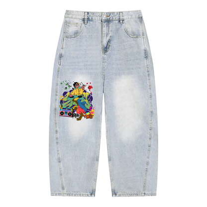 B Boy Graffiti Graphic Men's Vintage Wash Sunfade Barrel Leg Jeans
