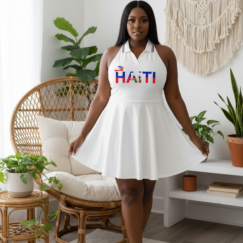 Haiti Flag Themed Women's Collared Halter A-Line Tennis Dress