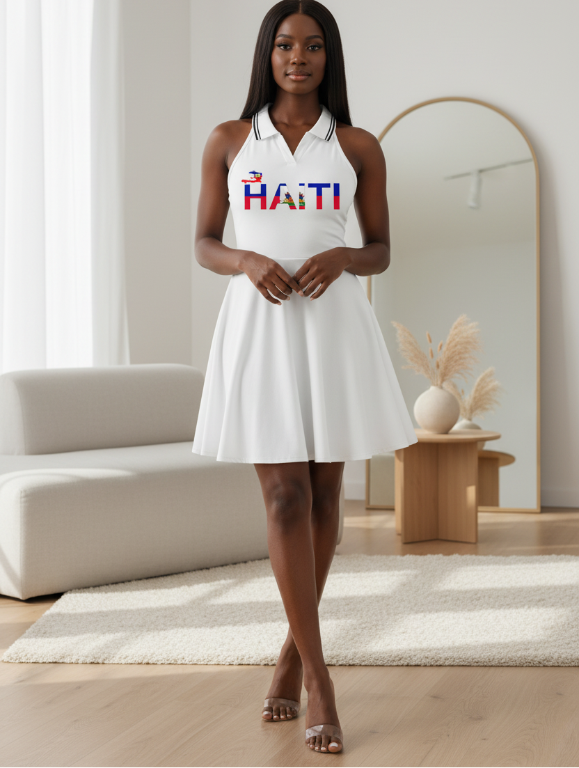 Haiti Flag Themed Women's Collared Halter A-Line Tennis Dress