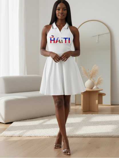 Haiti Flag Themed Women's Collared Halter A-Line Tennis Dress