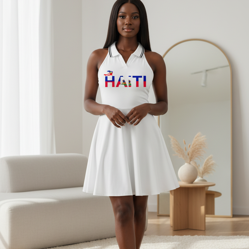 Haiti Flag Themed Women's Collared Halter A-Line Tennis Dress