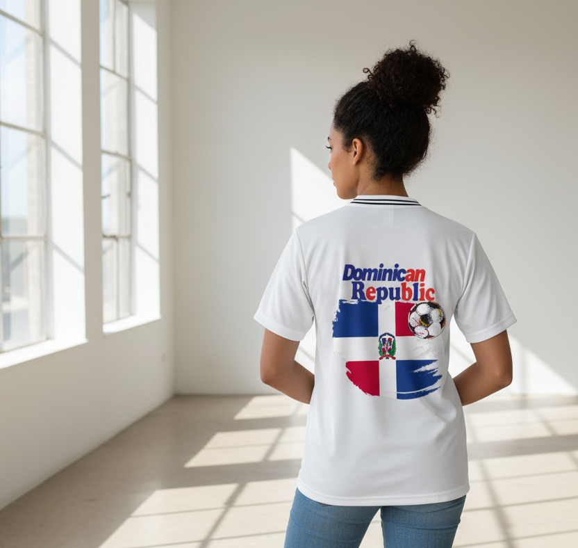 Dominican Republic Flag Themed Graphic Striped V-Neck Soccer Unisex Jersey