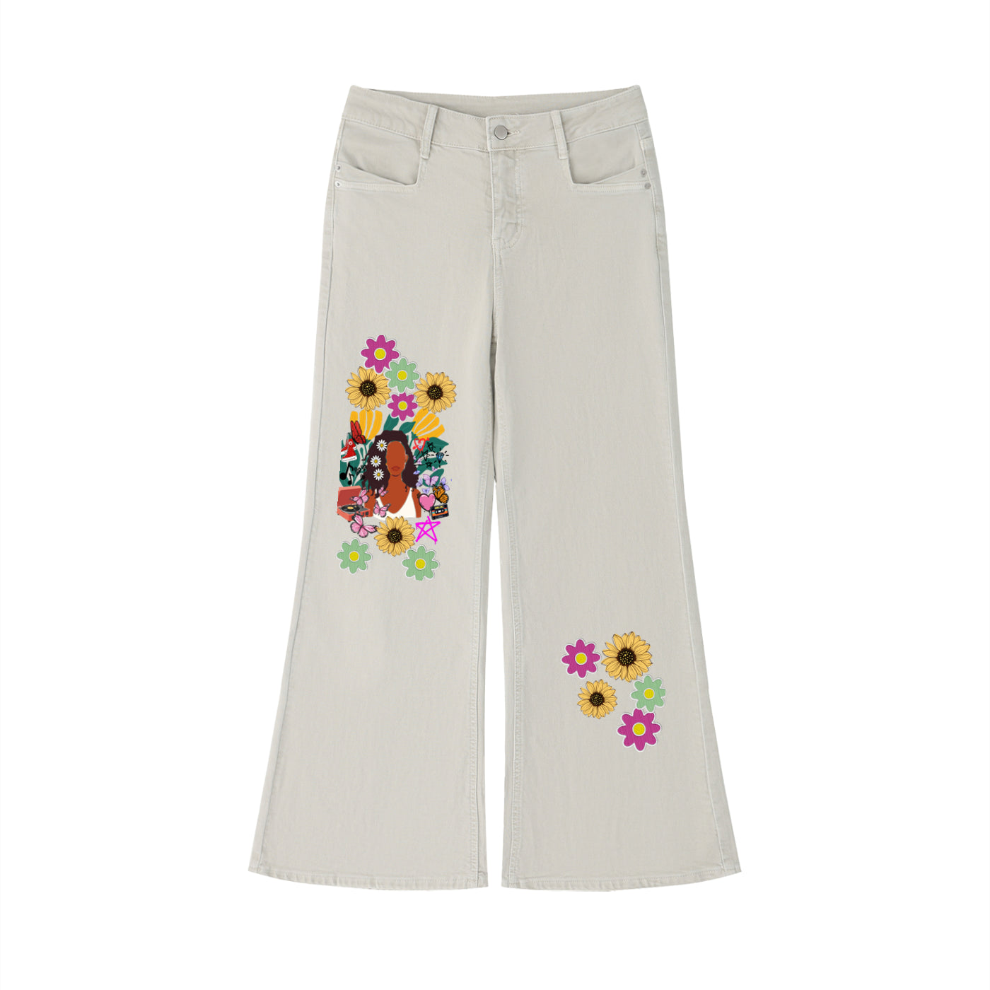 Afro Music Themed Graphic Women's Vintage Wash Flared Leg Jeans