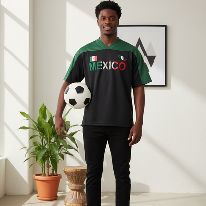 Mexico Flag Themed Graphic Mesh V-Neck Soccer Jersey