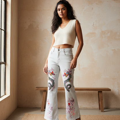 Floral Dragon Print Graphic Women's Vintage Wash Flared Leg Jeans