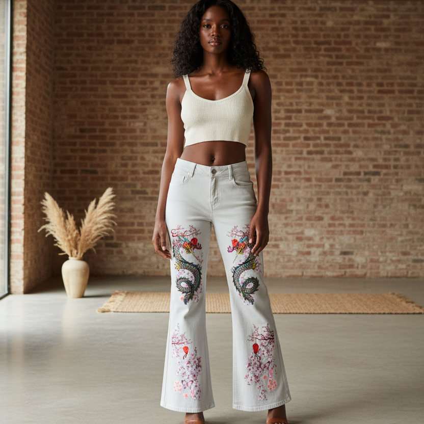 Floral Dragon Print Graphic Women's Vintage Wash Flared Leg Jeans