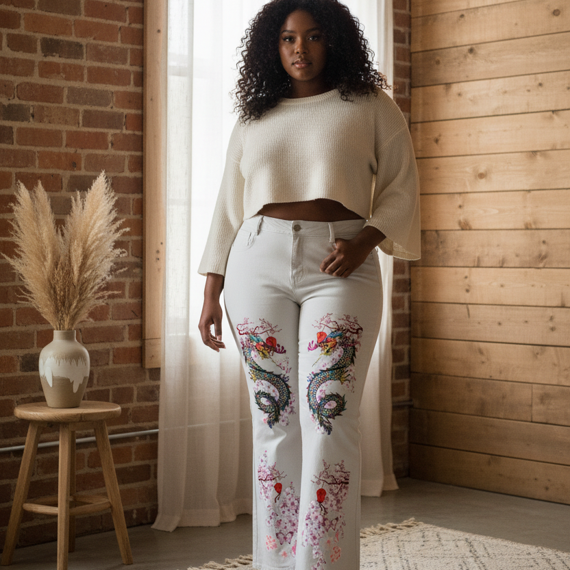 Floral Dragon Print Graphic Women's Vintage Wash Flared Leg Jeans