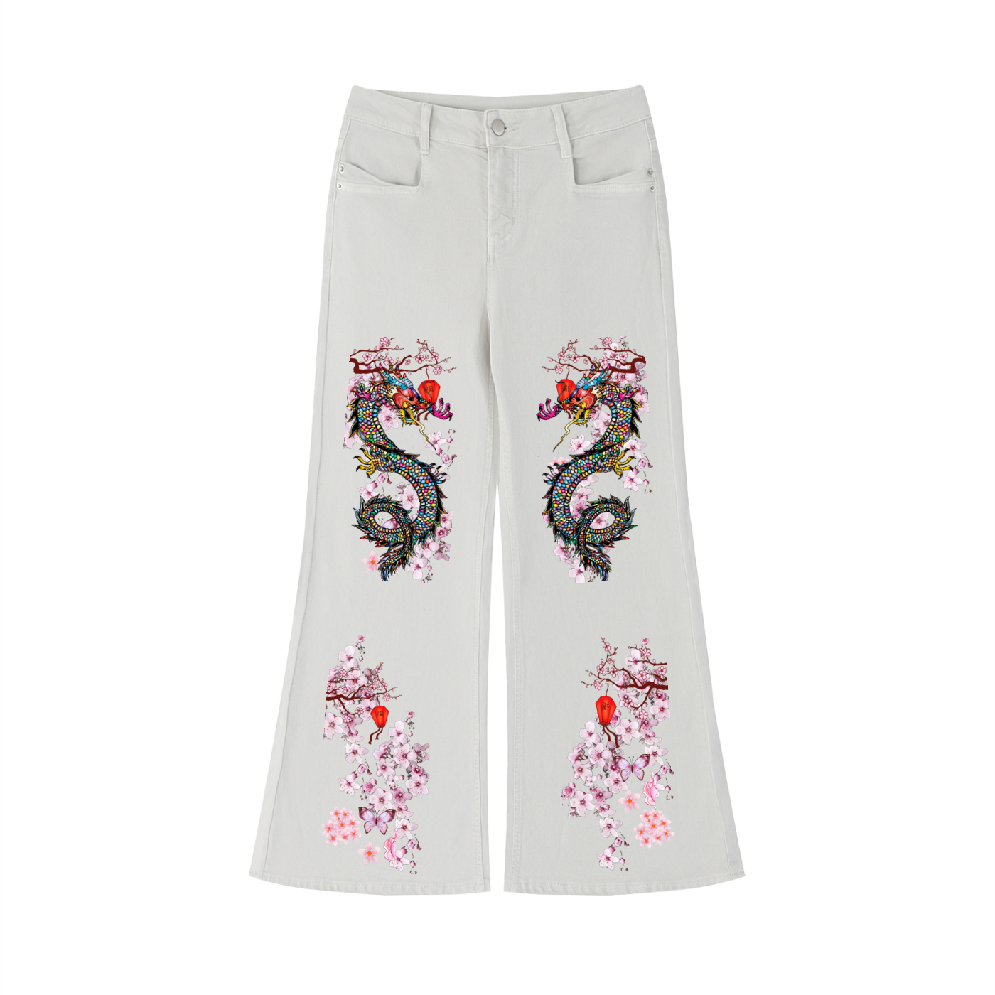 Floral Dragon Print Graphic Women's Vintage Wash Flared Leg Jeans