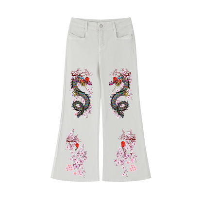 Floral Dragon Print Graphic Women's Vintage Wash Flared Leg Jeans