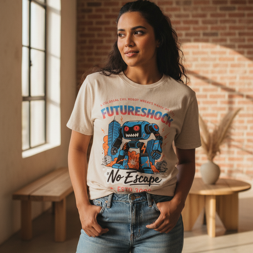Future Robot Dystopia Graphic Snow Washed Oversized Cotton Unisex T-Shirt