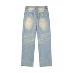 Unisex Denim Jeans Featuring a Color Splat Graphic Print, Sun-Faded Finish, and Raw Hemline