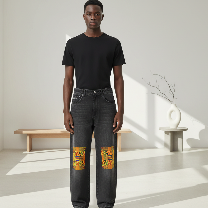 Kente Cloth Print Vintage Wash Heavyweight Denim Jeans